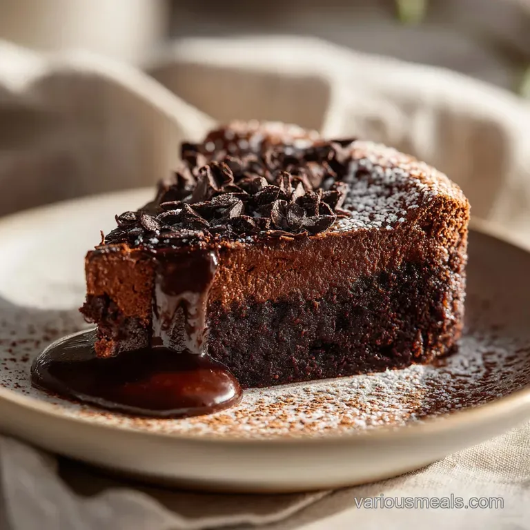 A slice of rich chocolate mousse brownie artfully plated, with a dusting of cocoa and a raspberry.