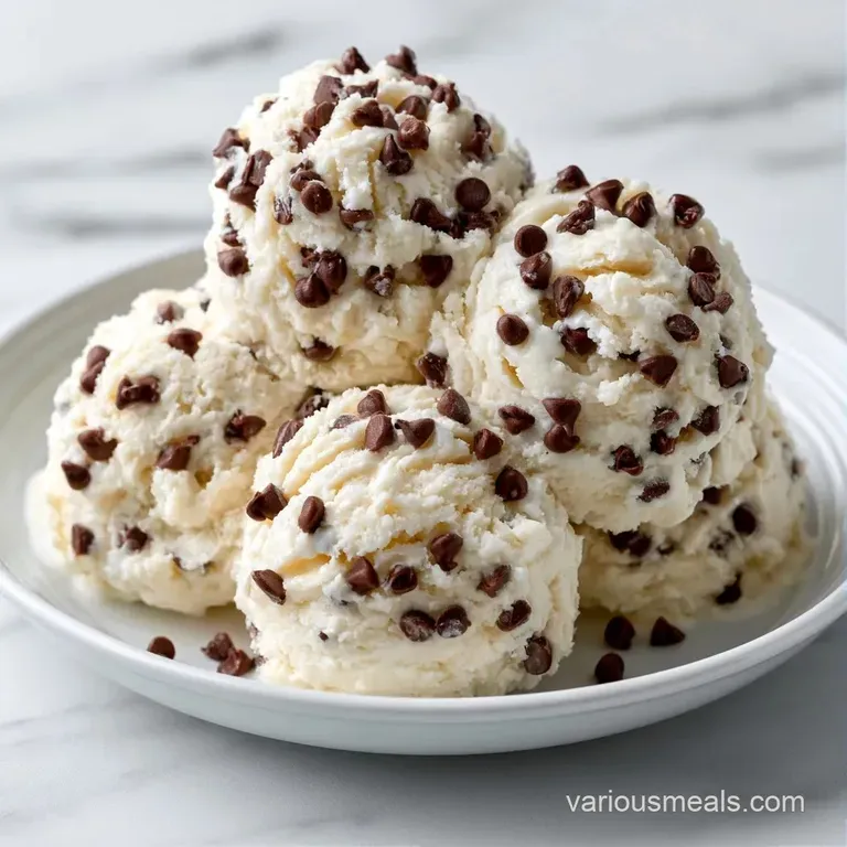 Two elegant scoops of pale cream frozen dessert in a glass bowl, topped with a mint leaf and chocolate shavings.