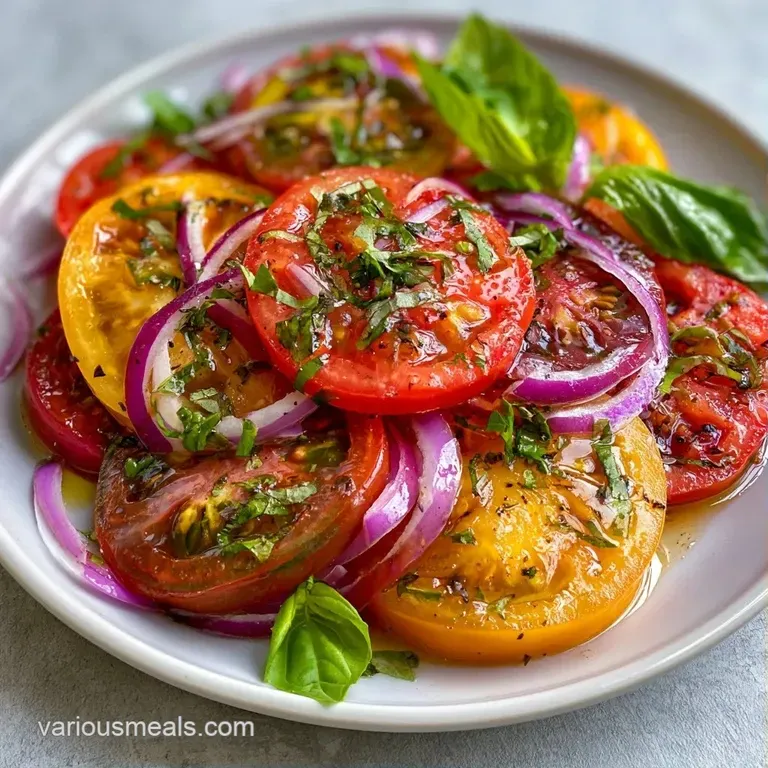 Vibrant red tomato slices and snowy white mozzarella rounds layered on a platter with emerald green basil leaves.