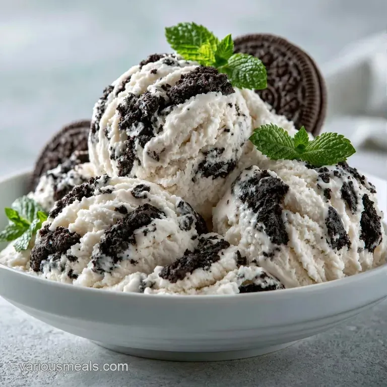 A perfect scoop of vanilla-white frozen dessert topped with crushed cocoa biscuits on a matte black ceramic plate.