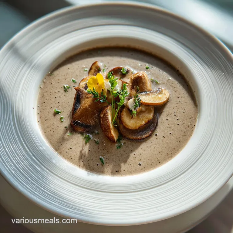 Elegant bowl of mushroom soup garnished with fresh thyme sprigs and a drizzle of cream. Steam rises, hinting at warmth.