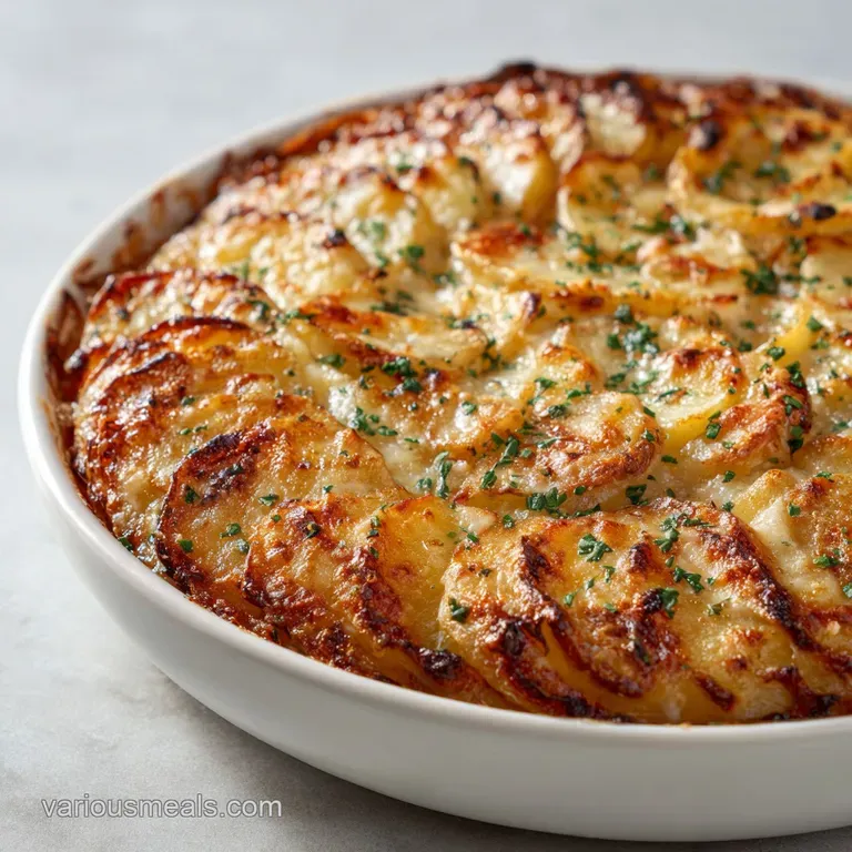 A precise cut of sliced potatoes in creamy sauce on a ceramic plate, finished with a pinch of cracked black pepper.