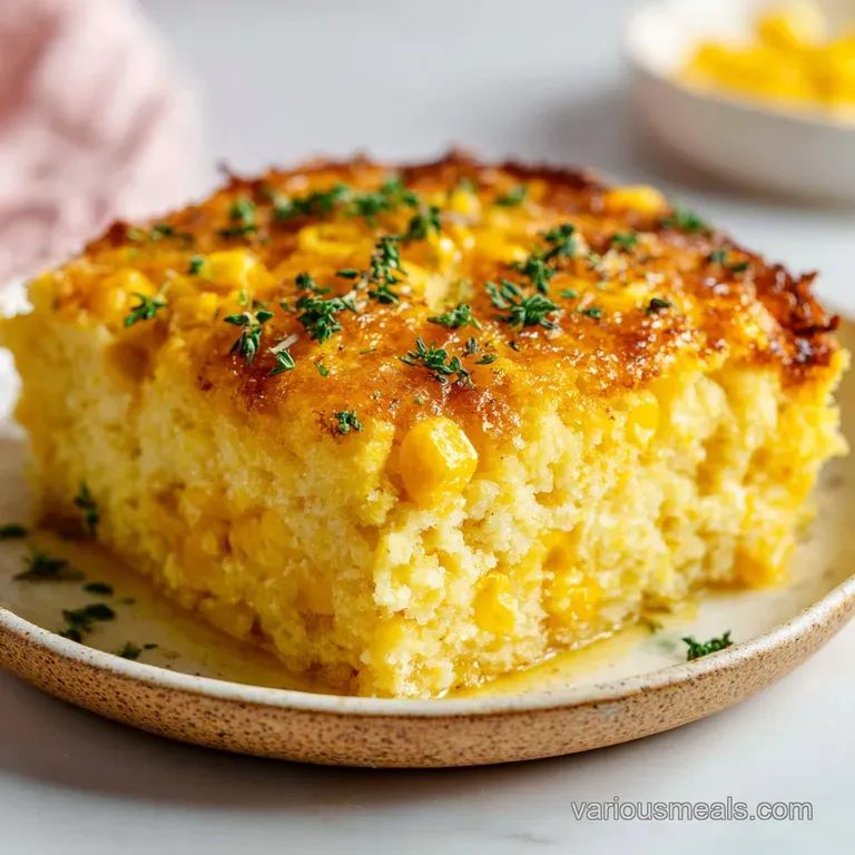 A generous scoop of fluffy corn casserole with a golden crust, ready to be served.