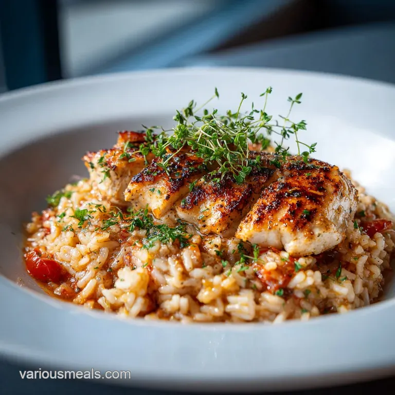 Plated dish of creamy garlic chicken and rice. Garnished with fresh parsley, steam rising from the savory dish.