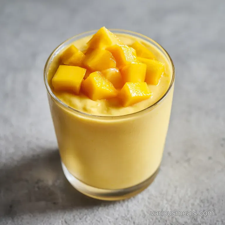 Vibrant yellow drink in a frosted glass set on a marble slab with sliced bananas and diced mango cubes nearby.