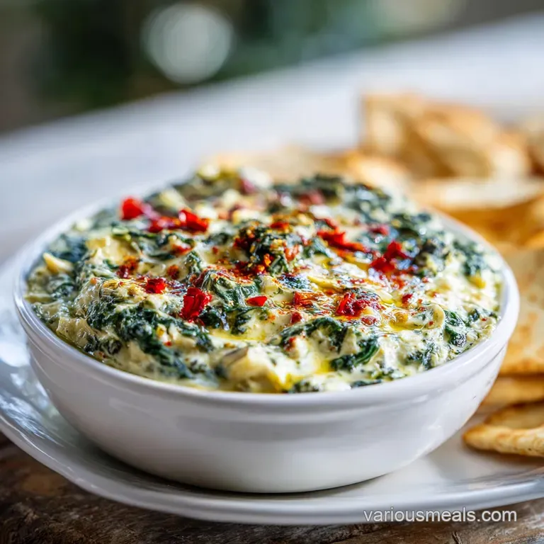 Creamy spinach artichoke dip elegantly presented with a sprinkle of herbs and a warm baguette slice.