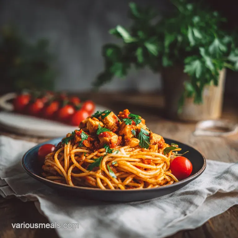 Elegant plate of tomato chicken pasta. Creamy sauce glistening, garnished with fresh basil, alongside tender chicken slice...