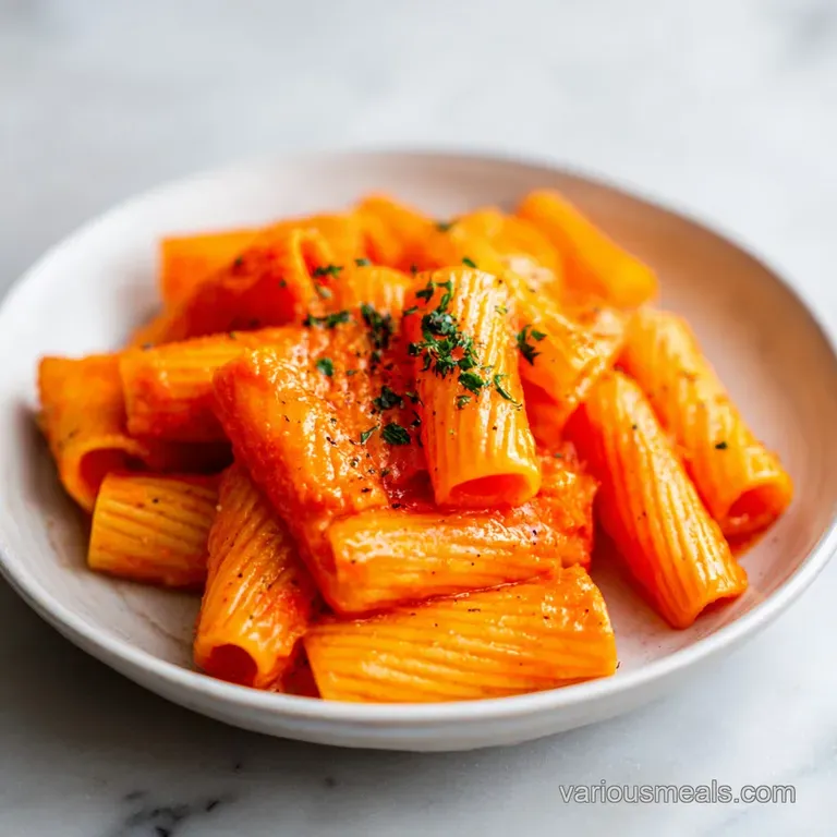 Elegant plate of tomato pasta, creamy sauce glistening, basil leaves adding a pop of green, inviting and ready to eat.