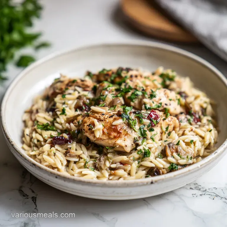 Elegant swirl of Tuscan orzo in a shallow bowl, garnished with fresh basil and a drizzle of olive oil. Creamy, comforting...