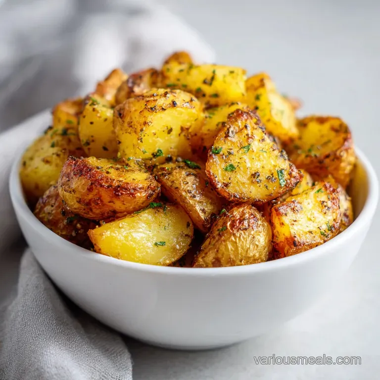 A neat stack of golden-brown air fryer potatoes drizzled with herbs on a white plate.