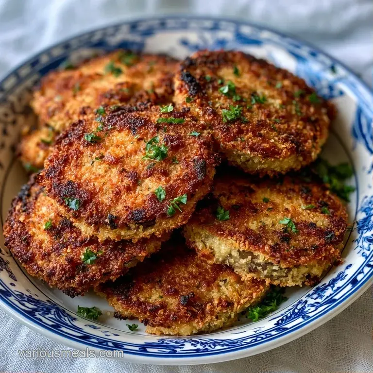 Elegant arrangement of breaded vegetable rounds on a white platter, garnished with lemon wedges and herb sprigs.