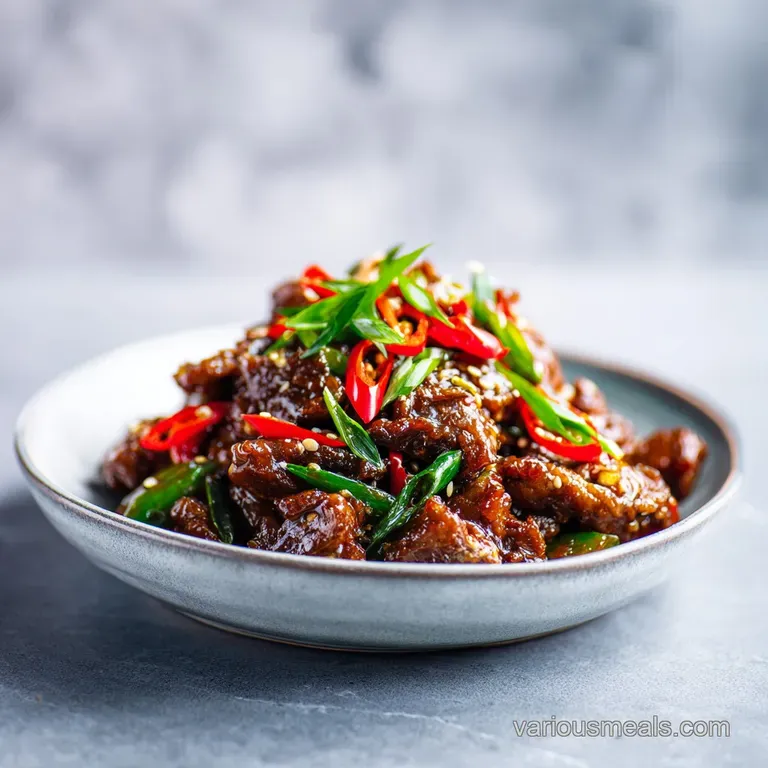 Perfectly sauced, crispy beef stir-fried. Served atop fluffy rice with a sprinkle of green onions in a bright white bowl.