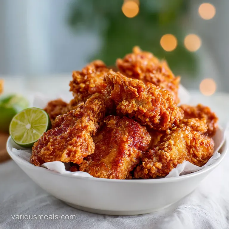 A neat pile of glistening Korean fried chicken pieces garnished with vibrant green scallions.