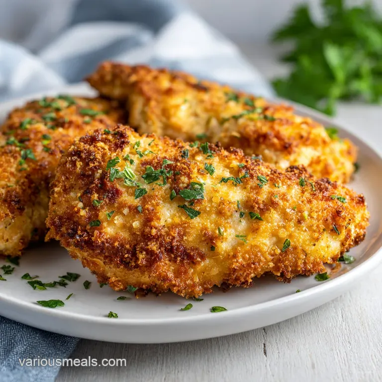 Succulent baked chicken thigh plated on white. Pan juices drizzled. Garnished with vibrant parsley. Steaming, ready to enjoy.