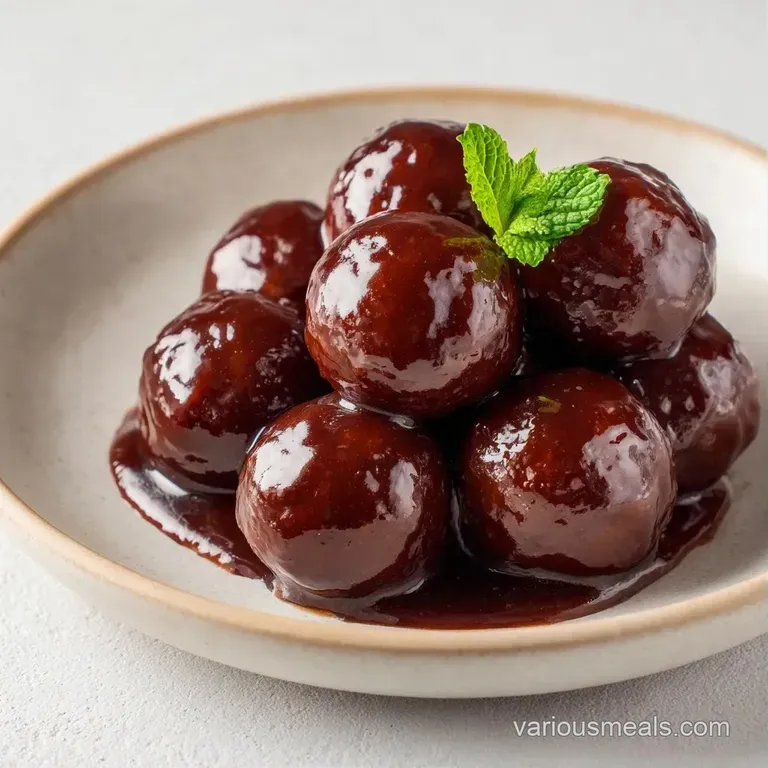 Plump, glazed spheres arranged on a white ceramic platter, drizzled with dark syrup and garnished with fresh herbs.