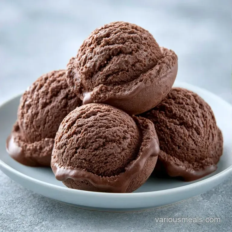 Three elegant scoops of deep brown frozen cream on a white plate, topped with shaved chocolate and a fresh mint leaf.