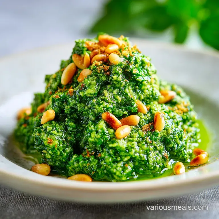 A swirl of bright green herb sauce on toasted sourdough bread, topped with pine nuts and a sprig of fresh basil.
