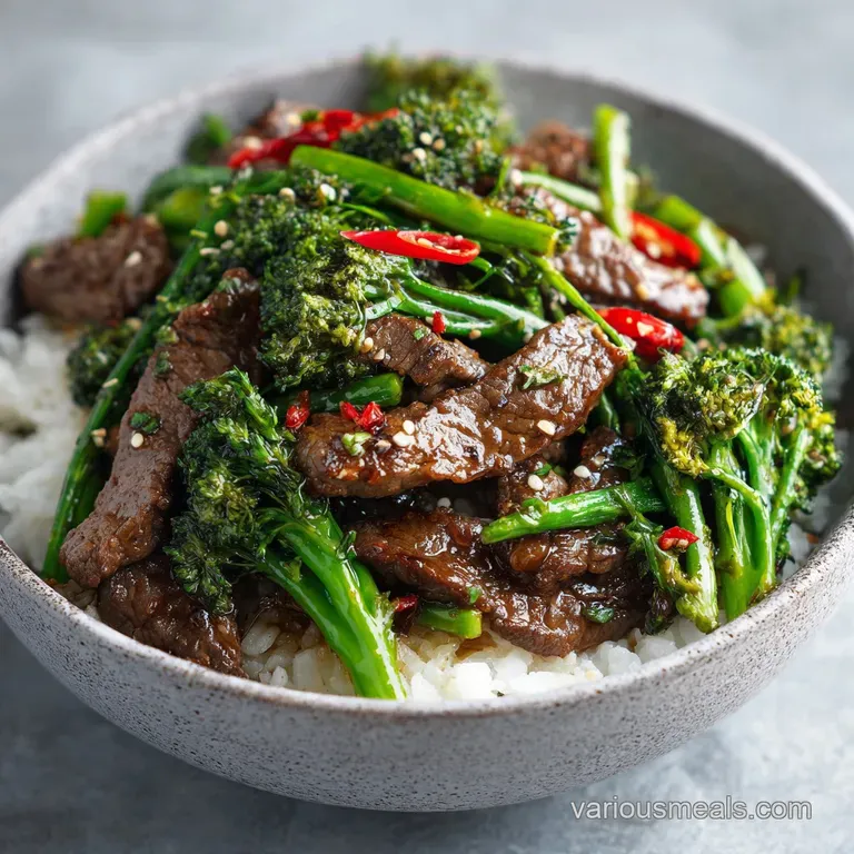 Generous portion of glossy beef and broccoli artfully arranged in a rustic bowl, steam gently rising.