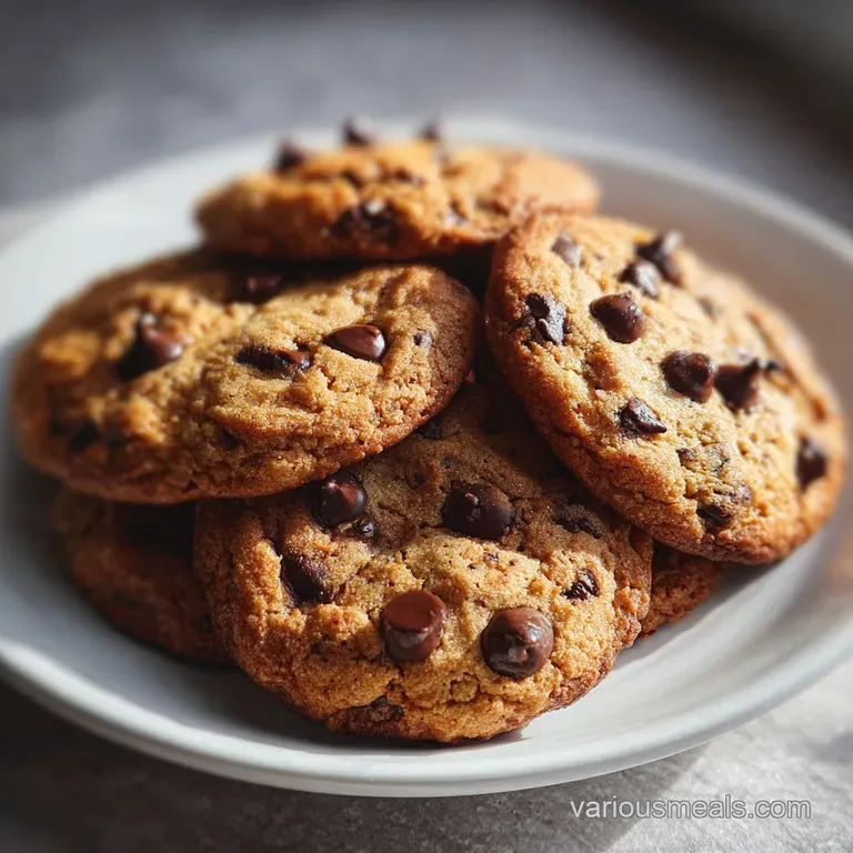 Stack of warm, chewy chocolate chip cookies on a white plate, crumbs scattered around, inviting dessert time.