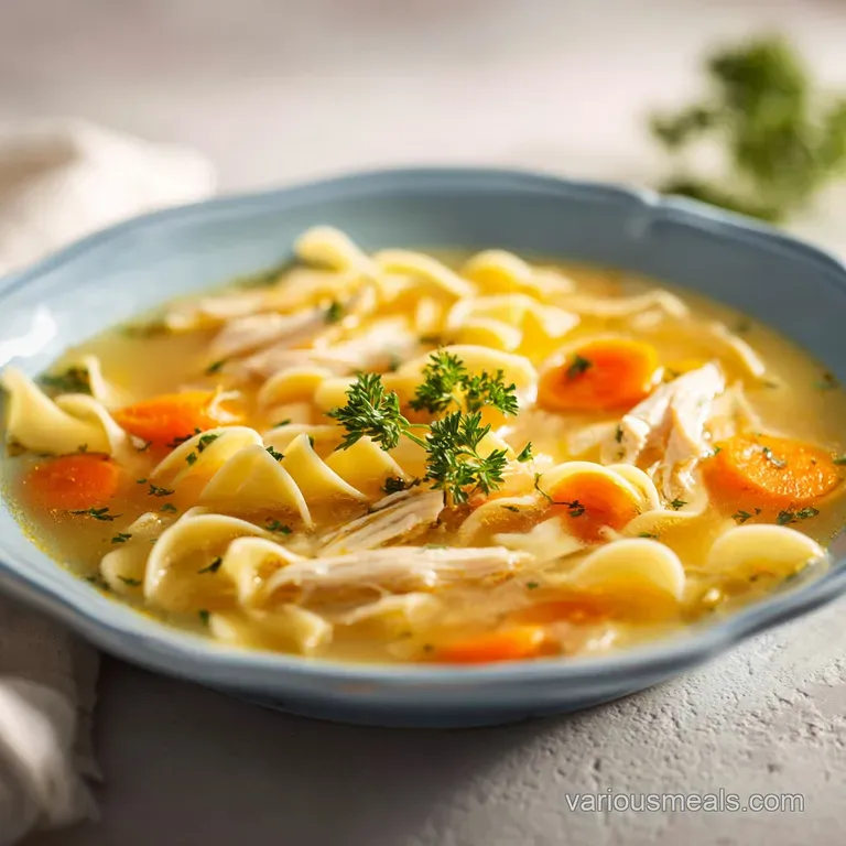 A steaming bowl, garnished with fresh green herbs, showcasing fluffy noodles and succulent chicken pieces.