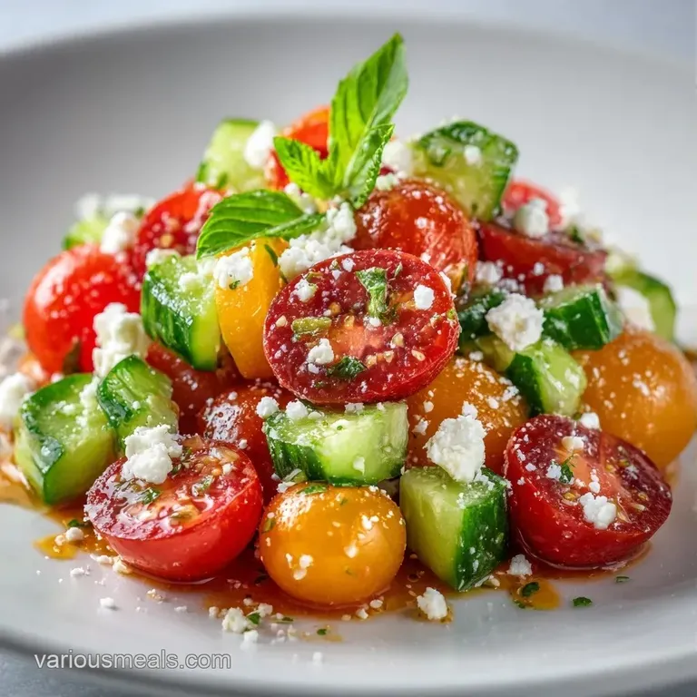 Bright red sliced tomatoes and creamy white feta cubes garnished with fresh green basil in a shallow glass bowl.