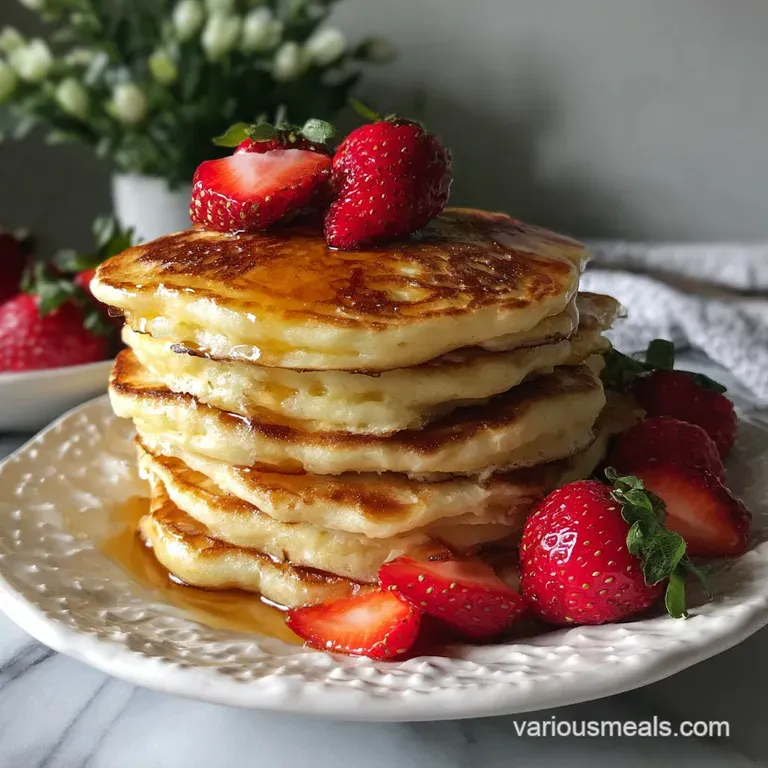 Perfectly round pancake on a white plate with fresh berries and a drizzle of syrup. Steaming and inviting, garnished with ...