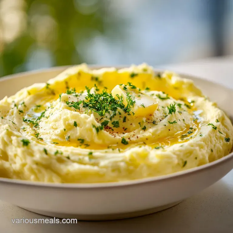 A mound of creamy mashed potatoes artfully plated, glistening with butter and garnished with herbs.