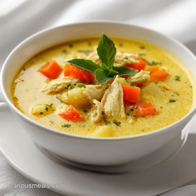 A white ceramic bowl of golden-yellow soup topped with a swirl of coconut cream and fresh green cilantro leaves.