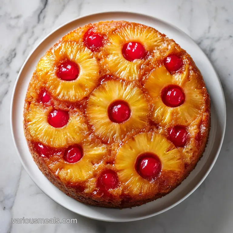 A warm slice of pineapple upside-down cake, adorned with melted caramel and a dusting of powdered sugar.