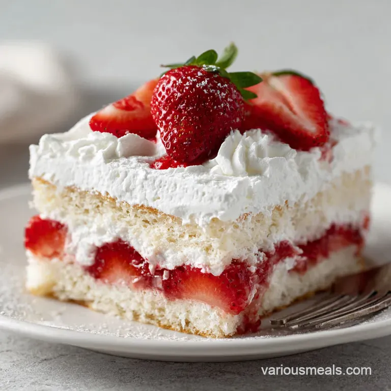 A slice of moist cake showcases the ruby red jello and soft, fluffy texture with a dollop of cream.