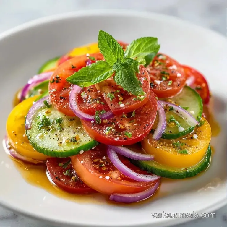 Vibrant red and yellow tomato slices layered with fresh basil on a white ceramic plate with a balsamic glaze drizzle.