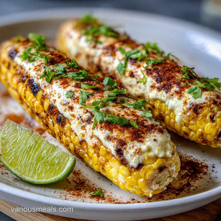 Elevated Mexican street corn: charred kernels glisten with lime, herbs, and creamy sauce in a rustic, yet elegant presenta...
