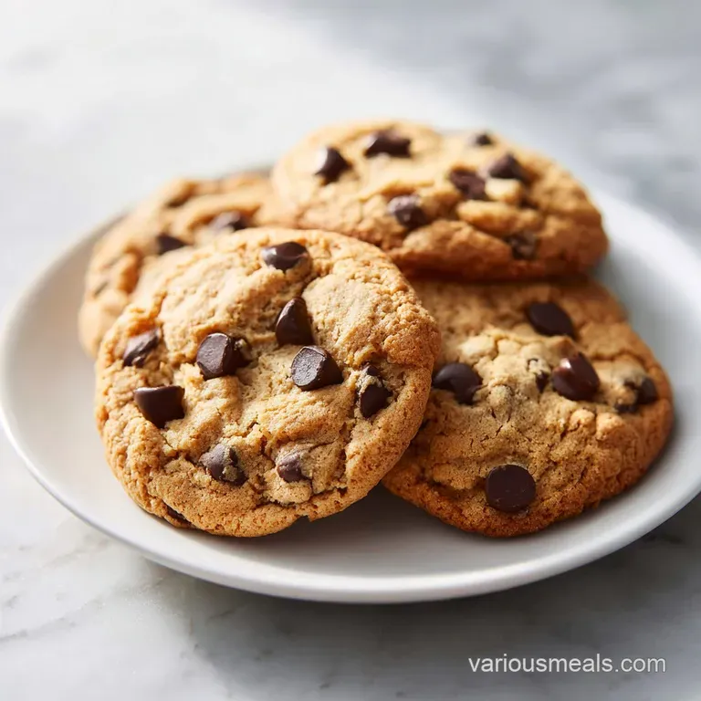 Stack of three soft, chewy cookies on a white plate, chocolate visibly melting. Suggests a delectable, comforting treat.