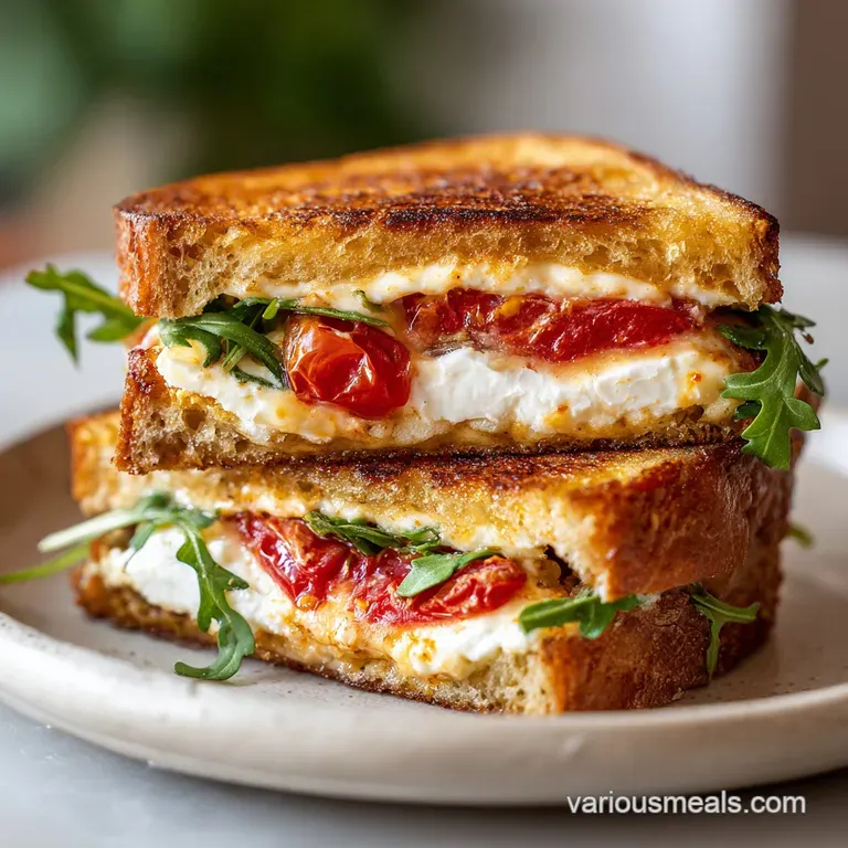 Feta grilled cheese triangle atop a white plate, with a sprinkle of fresh herbs and a drizzle of golden olive oil.