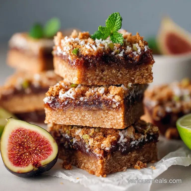 A stack of tender fig bars, showcasing the soft filling and perfectly crisp edges, arranged on a quaint plate with linen.