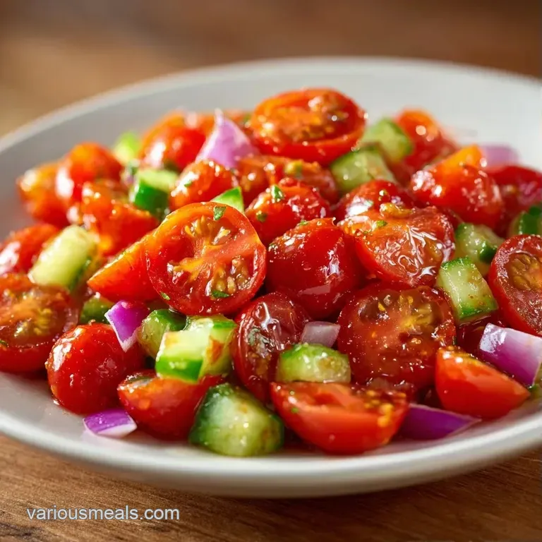 Colorful halved cherry tomatoes and fresh basil leaves arranged neatly in a white ceramic bowl with oil droplets.