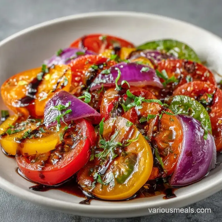 Vibrant red tomato rounds layered on a white plate, accented by emerald herbs and a glisten of clear vinaigrette.