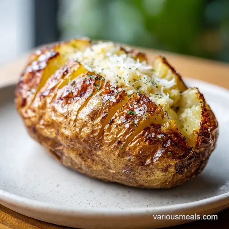 A perfectly baked potato, split and topped with melting butter and fresh chives, presented on a rustic wooden board.
