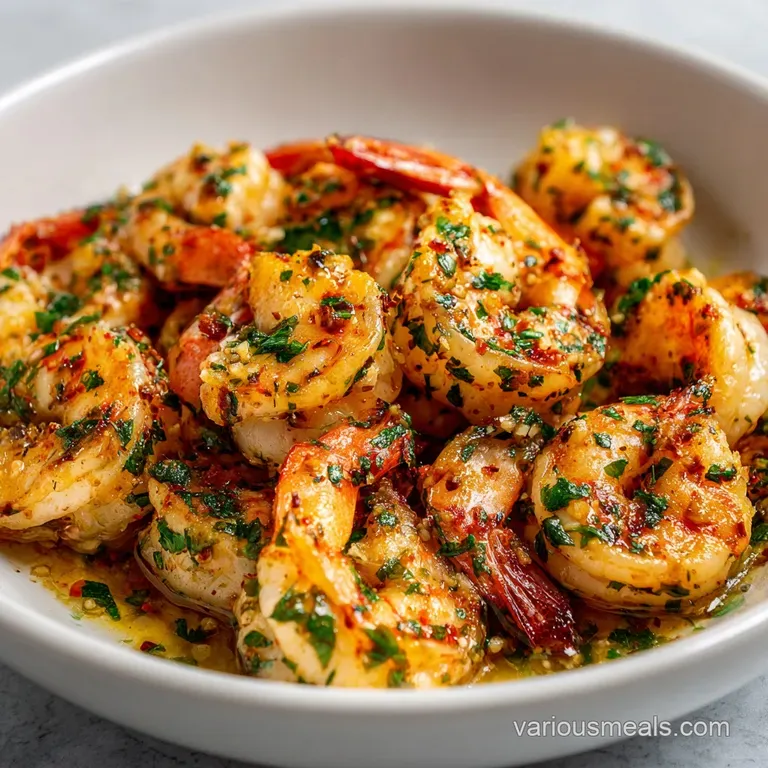 Plated garlic butter shrimp with herbs, artfully arranged with charred lemon and crusty bread for dipping in the rich, sav...