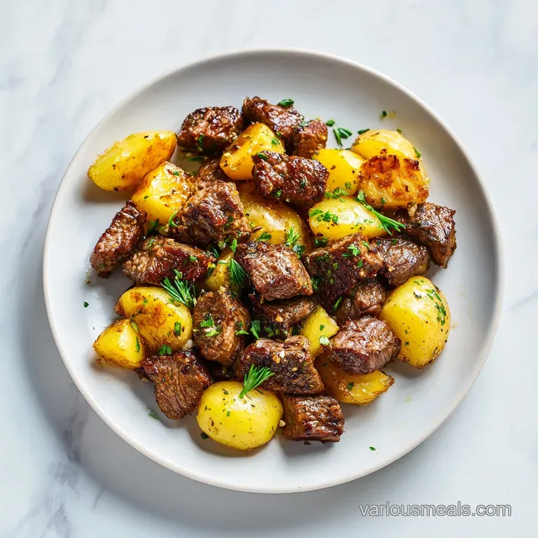 Seared steak bites and crispy potato cubes artfully arranged on a white plate with a drizzle of garlic butter.