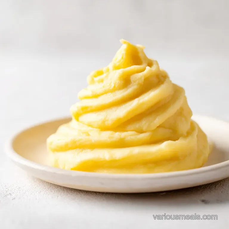 A swirl of velvety white puree in a ceramic bowl, topped with melted golden butter and a pinch of green herbs.