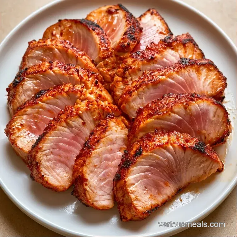 Sliced seared tuna with a charred exterior and ruby red center, garnished with microgreens and a lemon wedge.