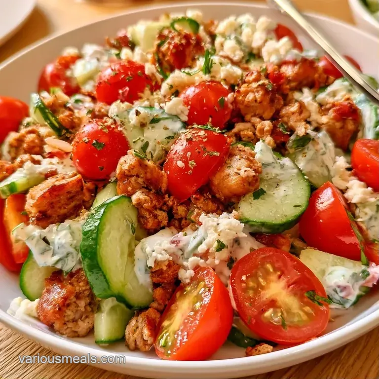 A colorful bowl of seasoned browned meat paired with crisp cucumbers, cherry tomatoes, and creamy white feta cheese.