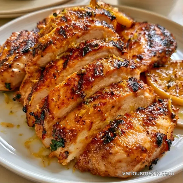 Sliced tender chicken breast on a white platter with vibrant grilled peppers and a sprinkle of fresh green parsley.