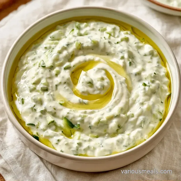 A white ceramic bowl of thick dip drizzled with golden olive oil, served with toasted pita bread on a marble tray.