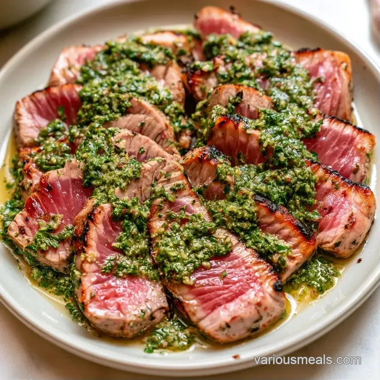 Precisely sliced pink tuna fillets topped with glossy green sauce and microgreens on a minimalist slate platter.