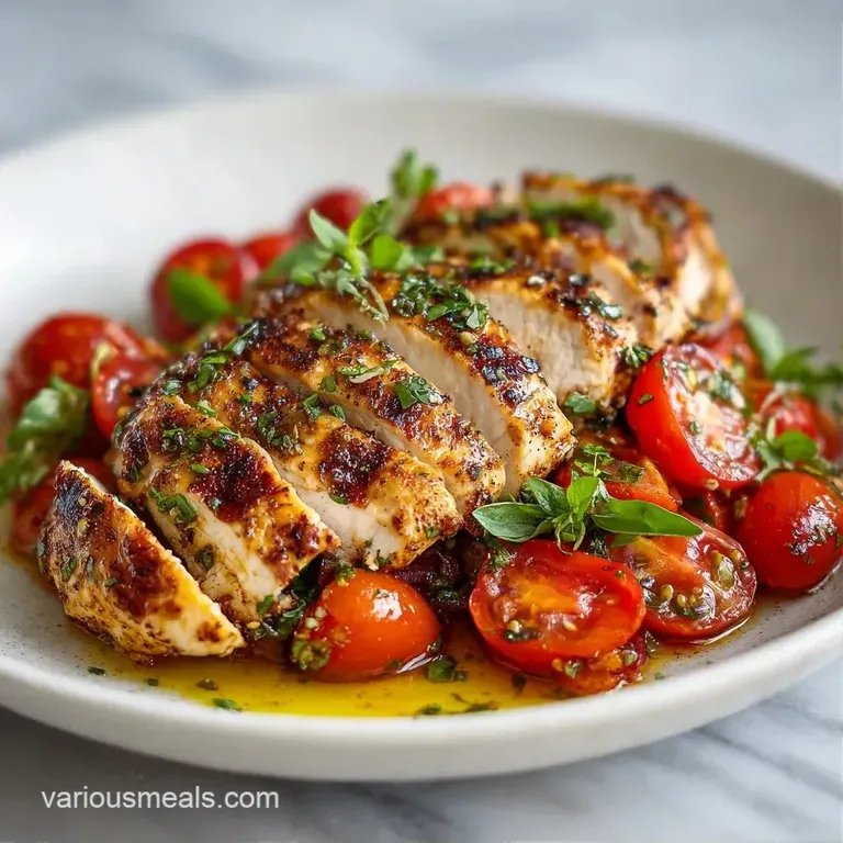 Sliced grilled chicken and juicy red tomatoes arranged over vibrant greens with a light glisten of vinaigrette.