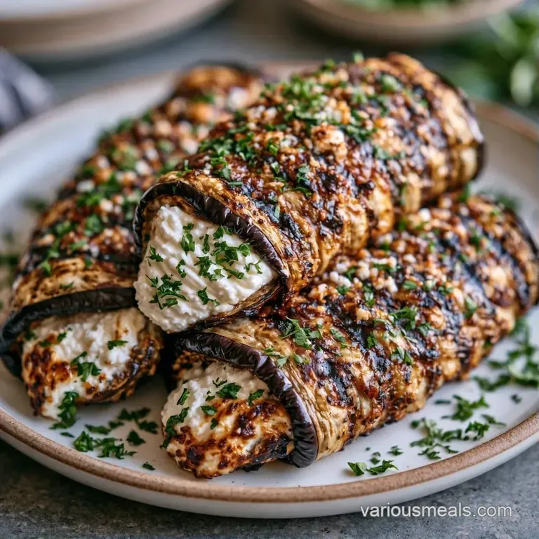 Three charred eggplant rolls arranged on a white platter, drizzled with tomato sauce and fresh green basil leaves.