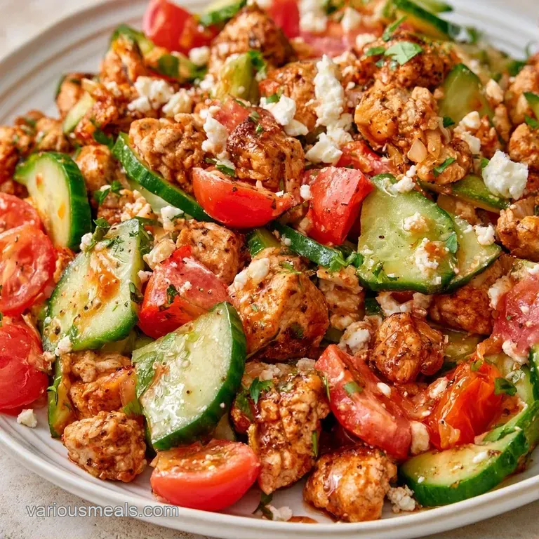 Vibrant bowl filled with seasoned meat, diced cucumbers, juicy cherry tomatoes, and a dollop of creamy white tzatziki.