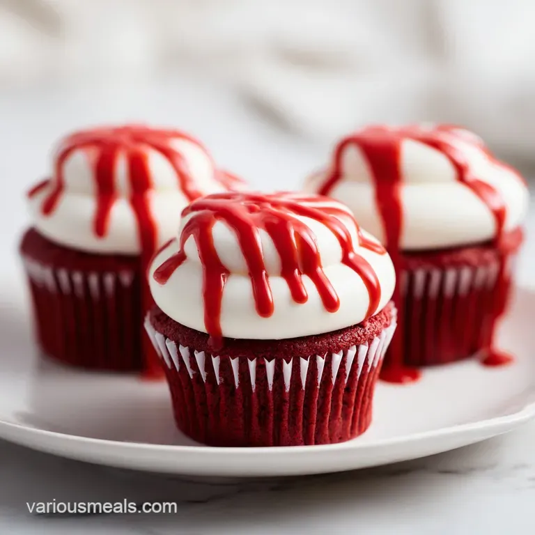 Deep red cakes arranged on a dark tray with orange frosting swirls and tiny edible bats scattered around.